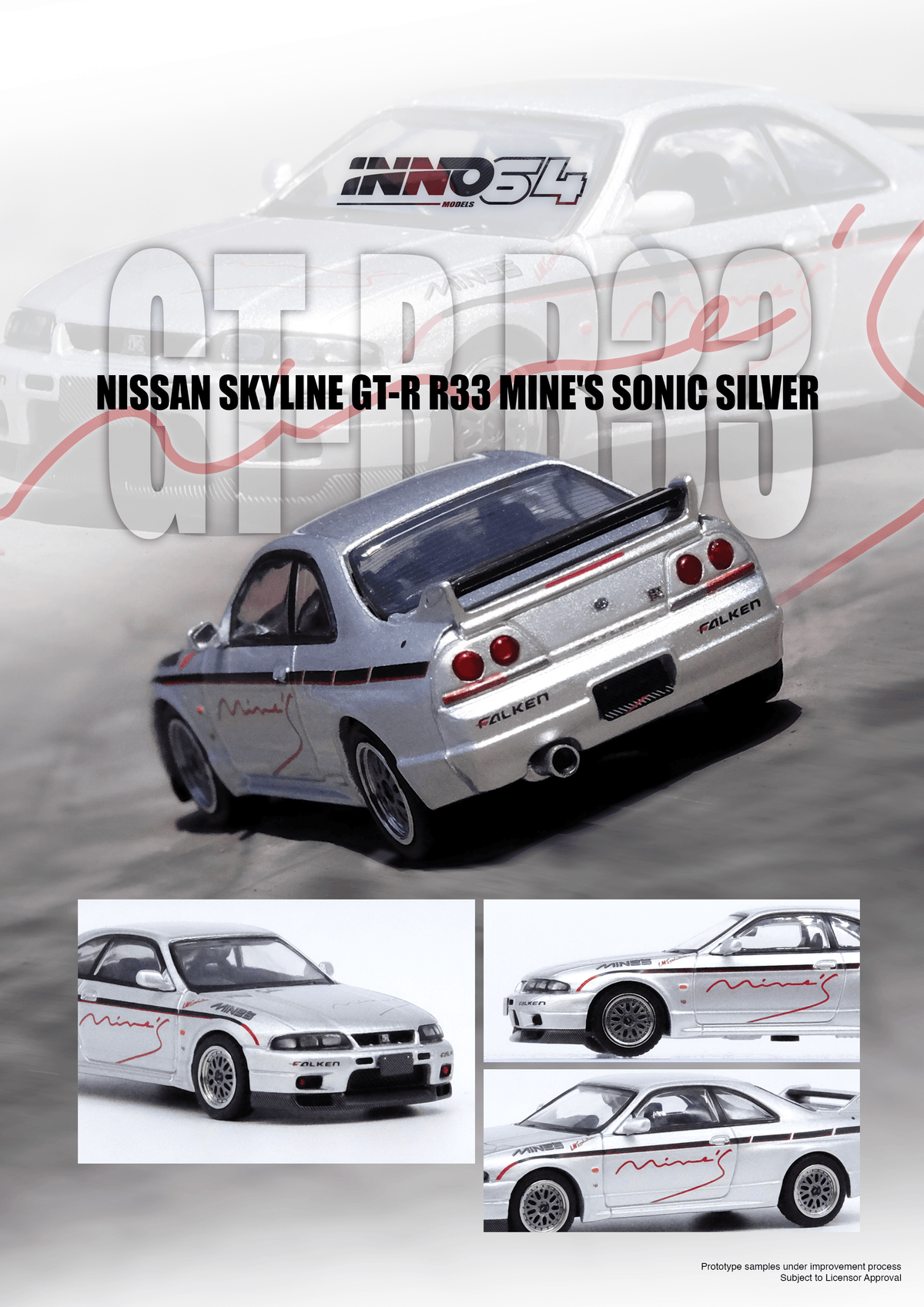 Nissan Skyline GT-R R33 Tuned by Mine's Silver Inno64 1/64 scale