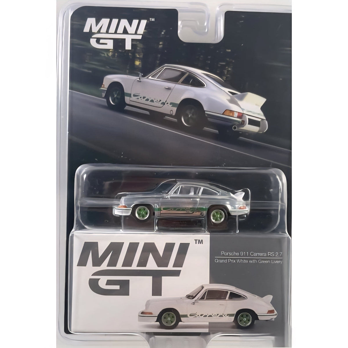 Chase Porsche 911 Carrera RS 2.7 Grand Prix White with Green Livery Mini GT 1:64 scale