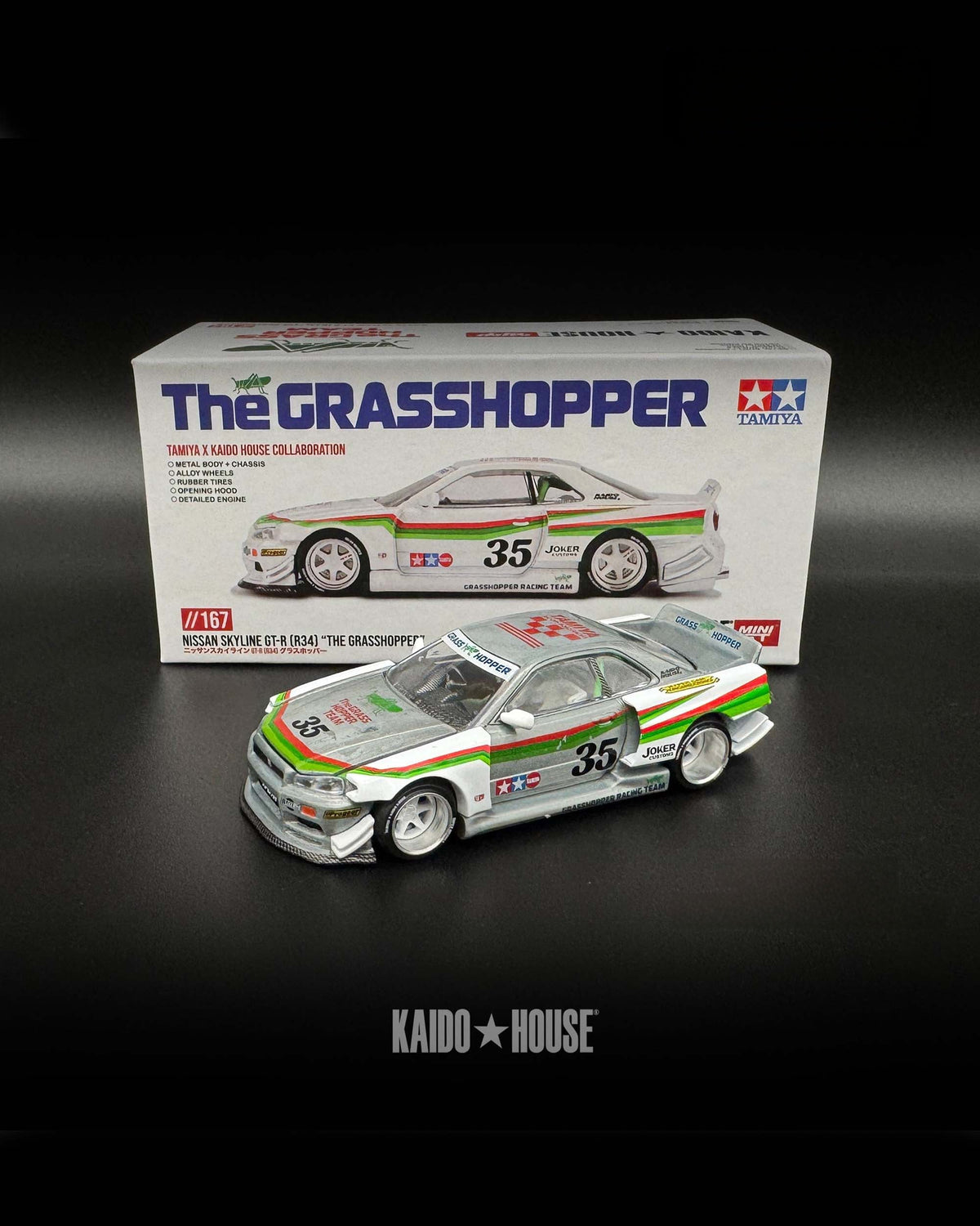 Chase Nissan Skyline GT-R R34 Tamiya X The Grasshopper V1 White Mini GT