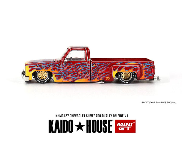 Chevrolet Silverado Dually on Fire V1 Red with Flames Kaido House Mini GT 1/64 scale KHMG127