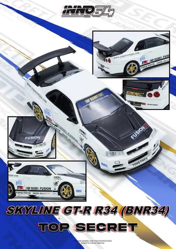 Top Secret Nissan Skyline GT-R R34 White Inno64 1/64 scale