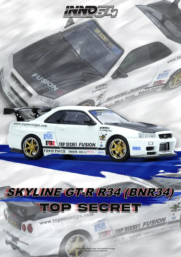 Top Secret Nissan Skyline GT-R R34 White Inno64 1/64 scale