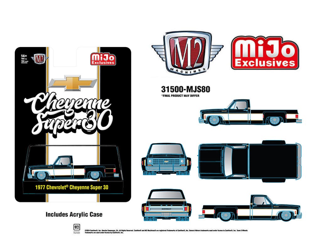 pre order M2 Machines 1 64 1977 Chevrolet Cheyenne Super 30 Pickup Truck Black and White Two Tone MiJo Exclusives Limited Edition