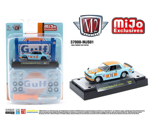(arriving in August) Model-Kit 1971 Nissan Skyline 2000 GT-R GULF With 4 Post Lift and 2 Extra Set of Wheels M2 Machines 1/64 scale