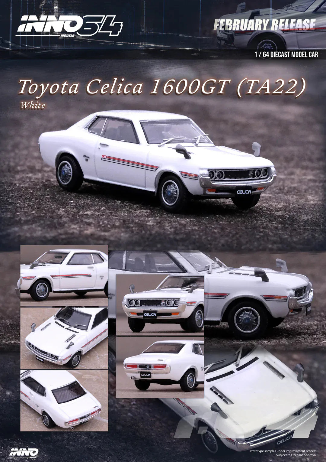 Toyota Celica 1600GT TA22 White Inno64 1/64 scale – Hanz Driven