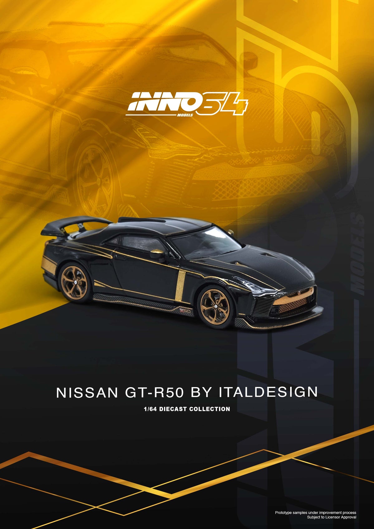 Nissan Skyline GT-R R50 by Italdesign black gold Inno64 1/64 scale