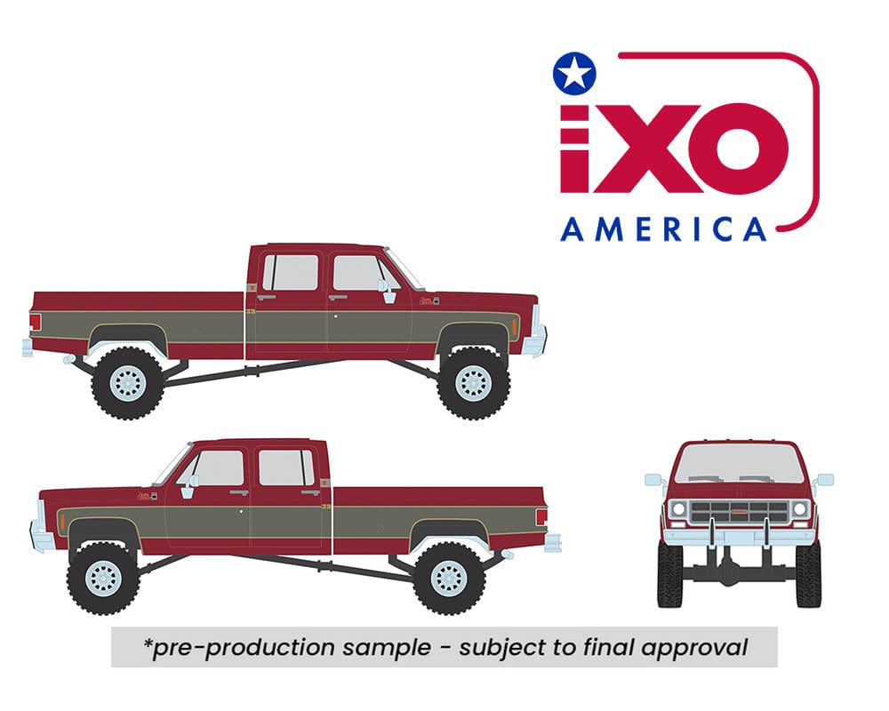 (Pre-order) 1977 GMC Sierra Grande K2500 Crew Cab Wideside Dark Red Metallic and Silver Special Two-Tone Lifted Limited Edition IXO Model 1:64