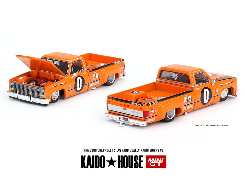 Kaido House x Mini GT 1:64 Chevrolet Silverado Dually KAIDO WORKS V2 –  Orange 1:64 scale (pre-order)