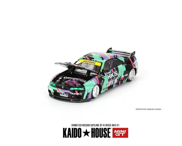 Nissan Skyline GT-R R33 HKS V1 Black Green Kaido House Mini GT 1/64 scale KHMG129