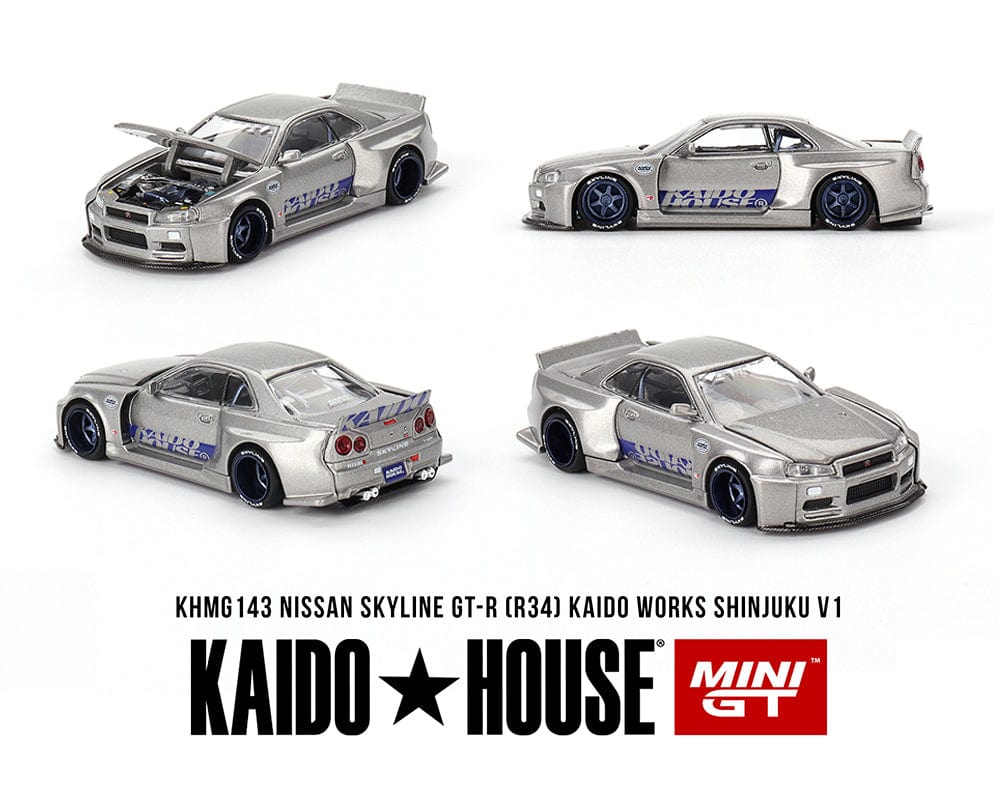 Kaido House Mini GT Nissan Skyline GT-R R34 Shinjuku V1 Silver 1/64 scale KHMG143