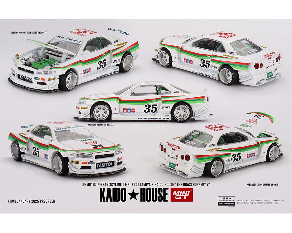 (Pre-order) Nissan Skyline GT-R R34 Tamiya X The Grasshopper V1 White Mini GT