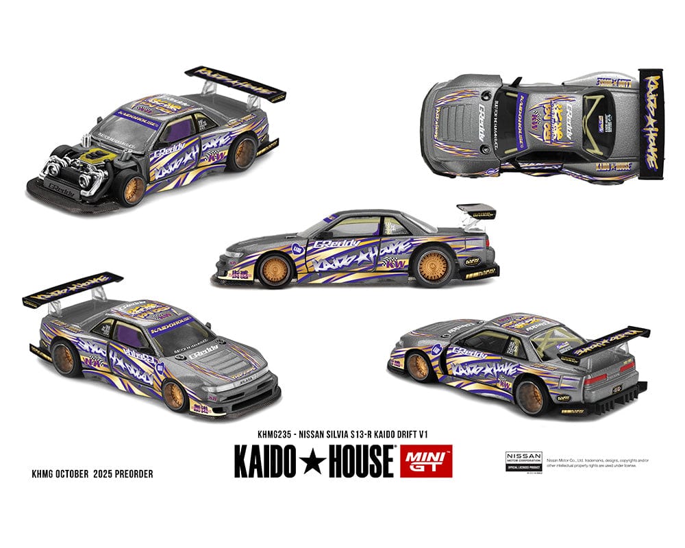 Nissan Nissan Silvia S13-R Kaido Drift V1 Greddy Gunmetal Gray Kaido House Mini GT 1/64 scale