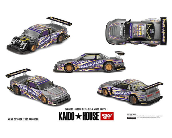 Nissan Nissan Silvia S13-R Kaido Drift V1 Greddy Gunmetal Gray Kaido House Mini GT 1/64 scale