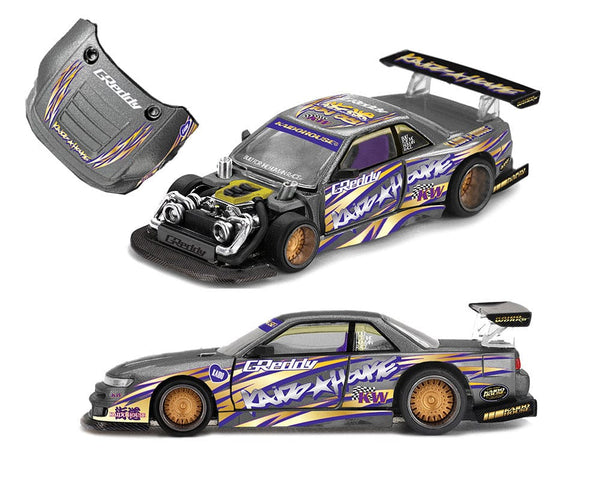 Nissan Nissan Silvia S13-R Kaido Drift V1 Greddy Gunmetal Gray Kaido House Mini GT 1/64 scale