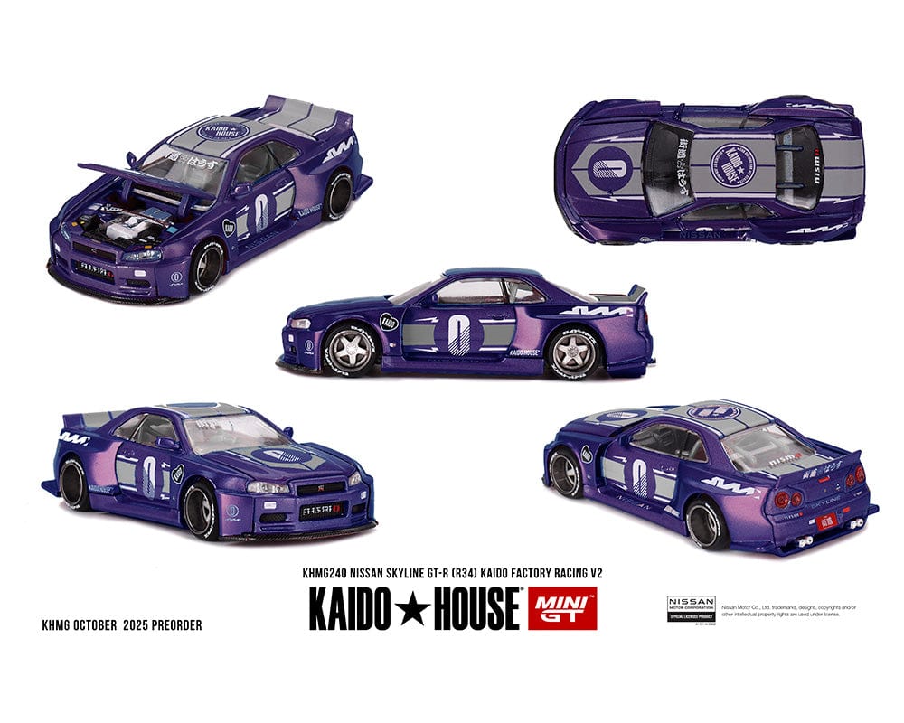 Nissan Skyline GT-R R34 Kaido factory Racing V2 Midnight Purple Kaido House Mini GT 1/64 scale