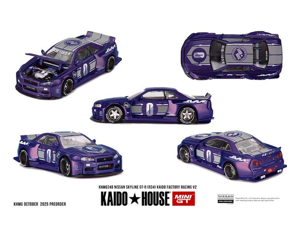 Nissan Skyline GT-R R34 Kaido factory Racing V2 Midnight Purple Kaido House Mini GT 1/64 scale