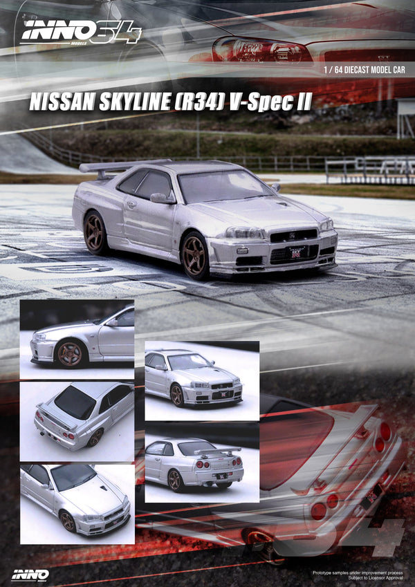Nissan Skyline GT-R R34V-SPEC II Silver Inno64 1/64 scale