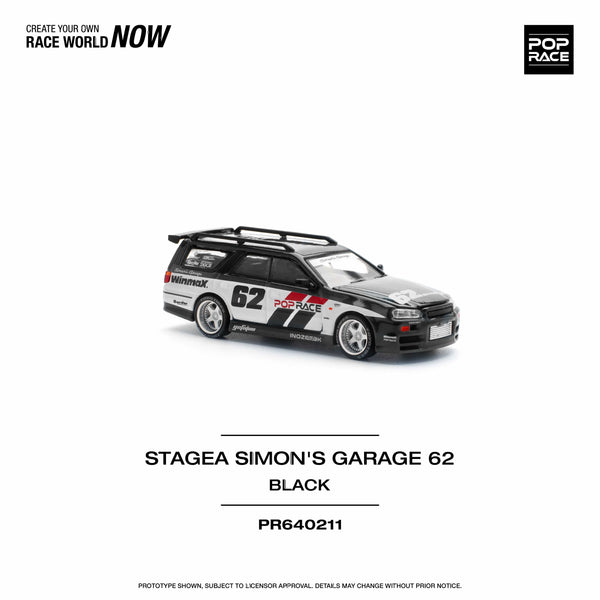 R34 Stagea Simon's Garage 62 Black Nissan Skyline Pop Race 1/64 scale