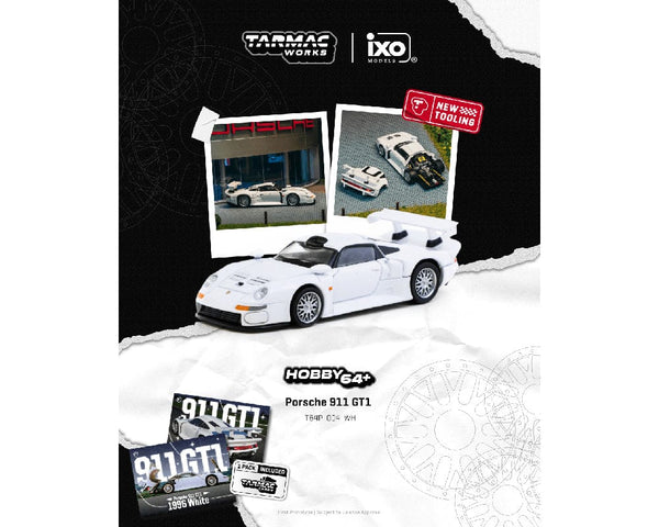 Porsche 911 GT1 w/ Trading Card White Hobby64+Tarmac Works 1/64