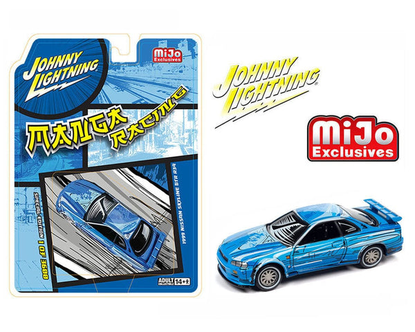 1999 Nissan GT-R R34 Manga Racing Blue Mijo Exclusives Johnny Lightning 1:64 scale JLCP7455-24
