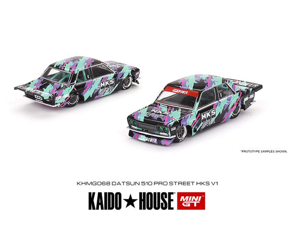 Datsun 510 Pro Street HKS V1 – Black Green Kaido House Mini Gt 1:64 scale KHMG068