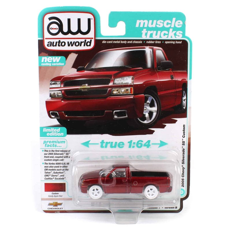 Chase 2005 Chevrolet Silverado SS Custom Single Cab Version B – Candy Apple Red Metallic Auto World 1/64 scale Pick up truck