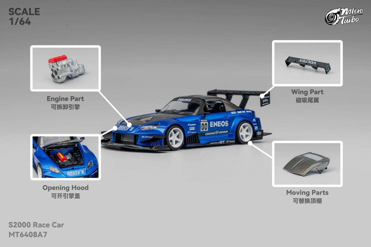 Custom Honda S2000 Racing Candy Blue Micro Turbo 1/64 scale