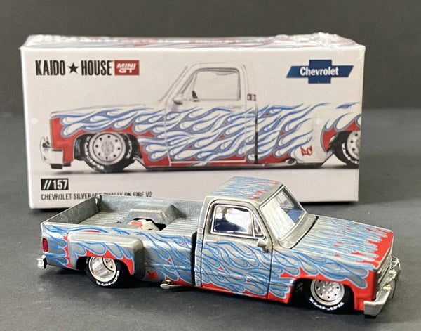 Chase Chevrolet Silverado Dually on Fire V2 with Flames Kaido House Mini GT 1/64 scale KHMG157 (Copy)